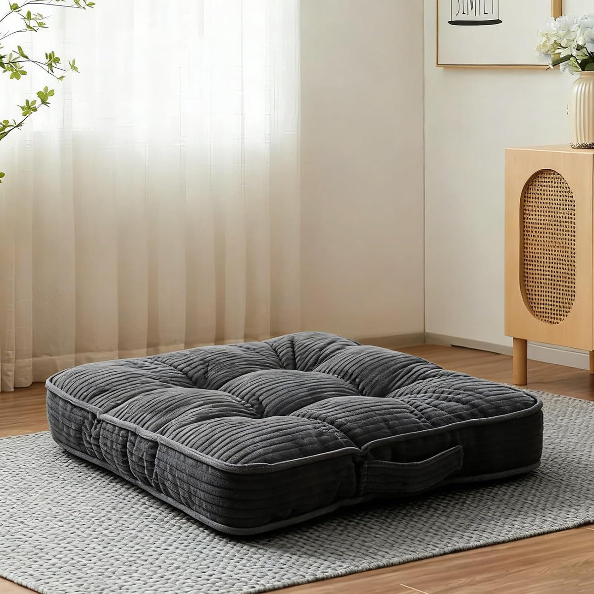 22" Grey Tufted Corduroy Floor Pillow