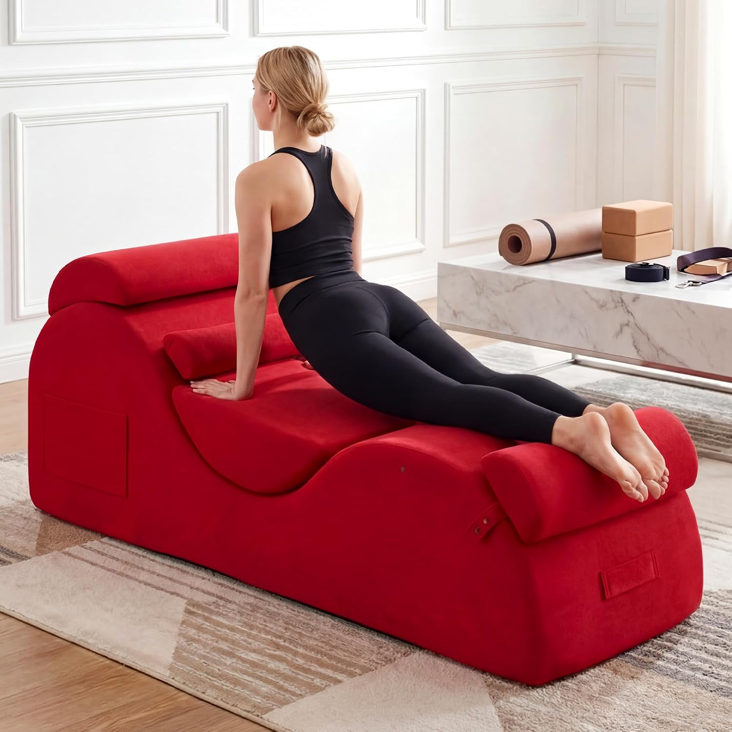 Red Chenille Indoor Yoga Chaise Lounge Chair