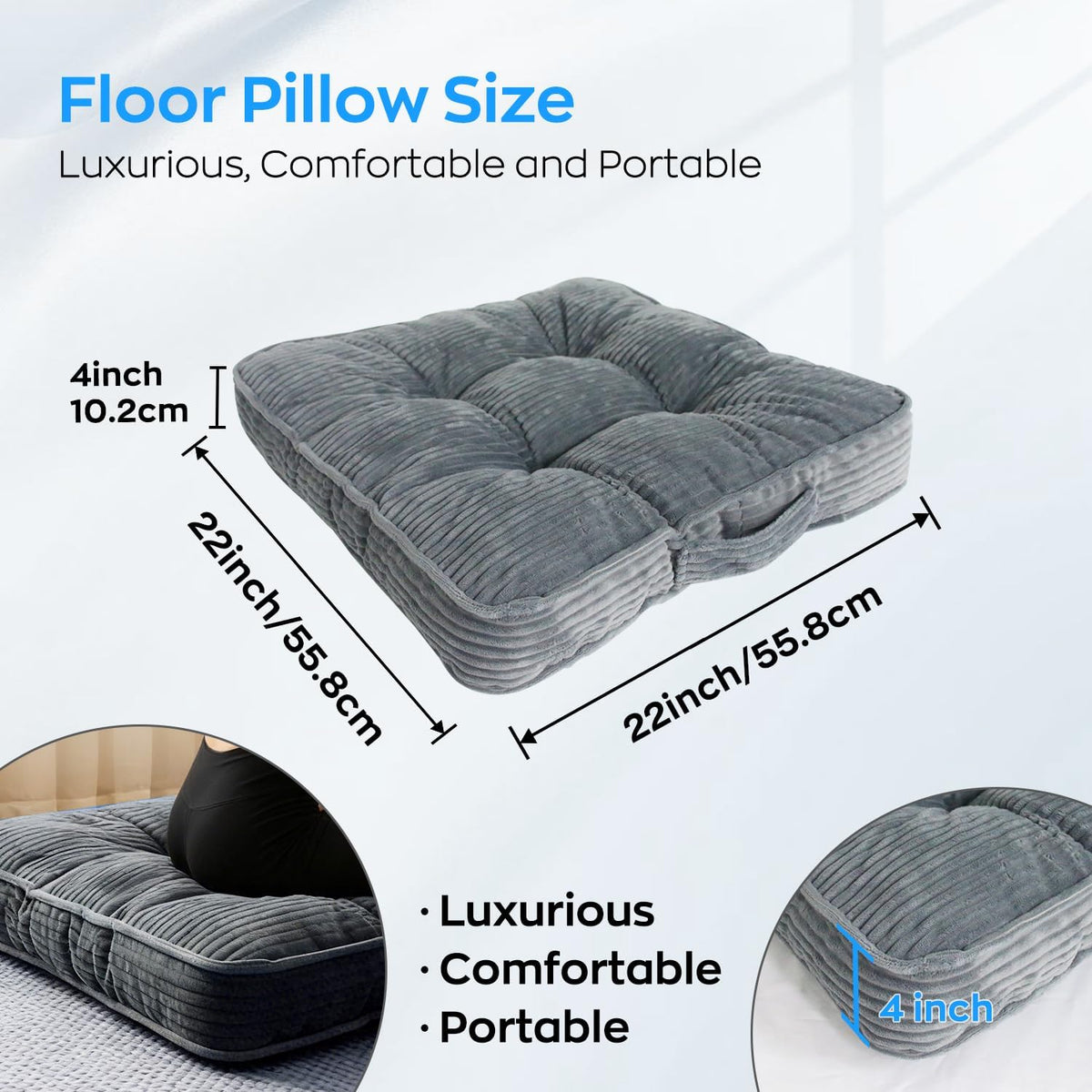 22" Grey Tufted Corduroy Floor Pillow