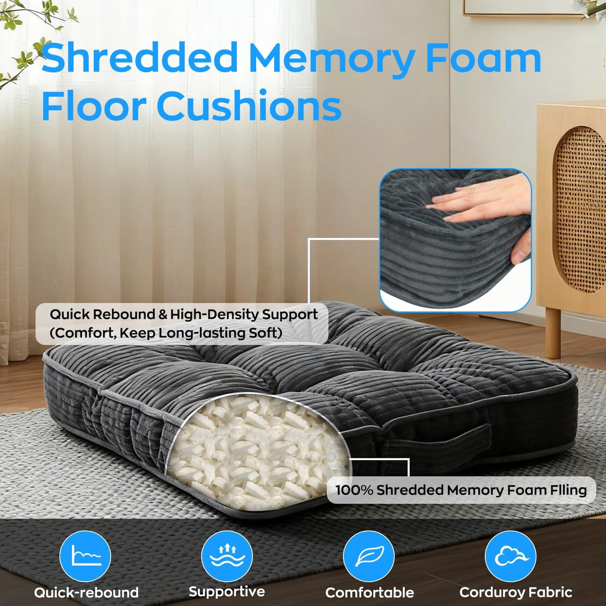 22" Grey Tufted Corduroy Floor Pillow
