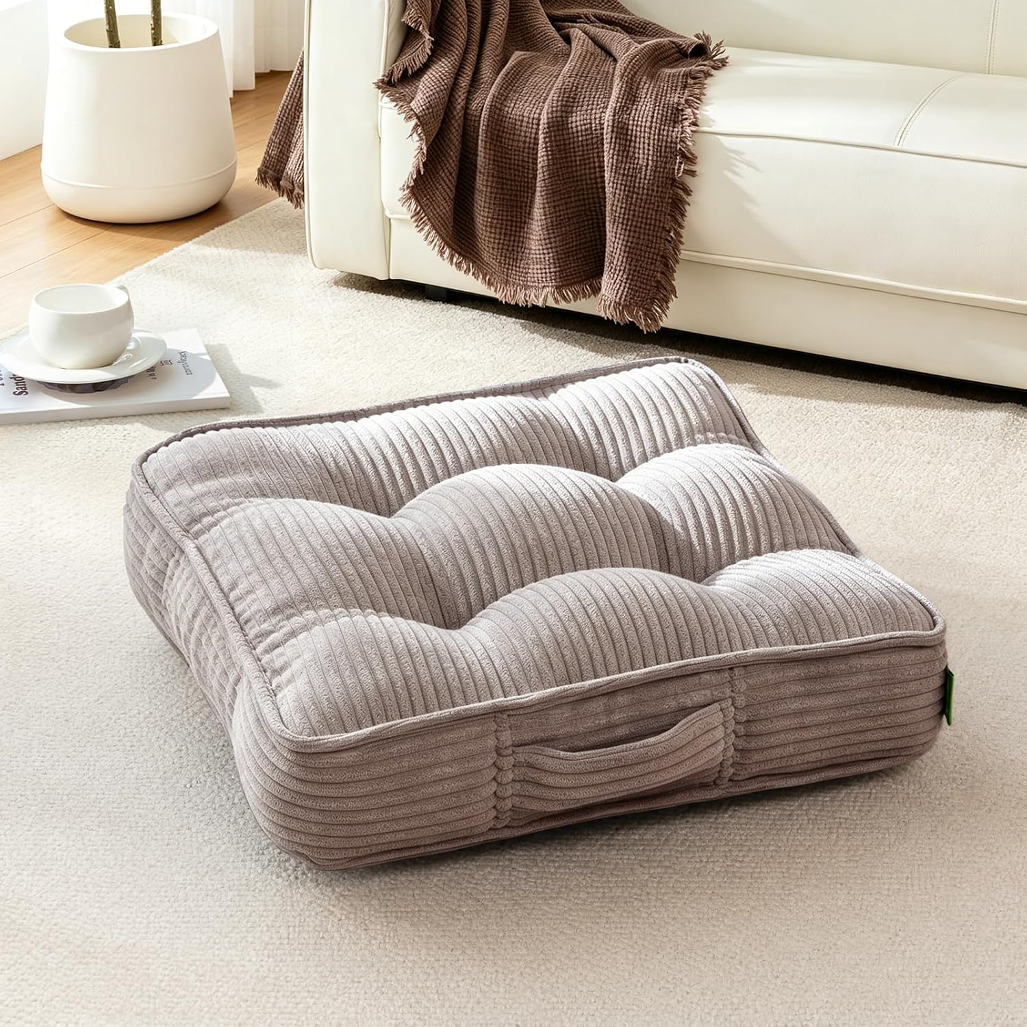 22" Grey Tufted Corduroy Floor Pillow