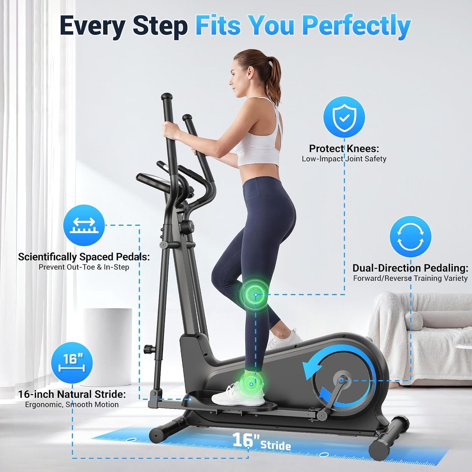 Foldable 16‑Inch Stride Elliptical Trainer